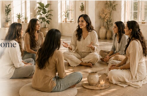 Women sharing a thoughtful conversation in a bright, peaceful room
